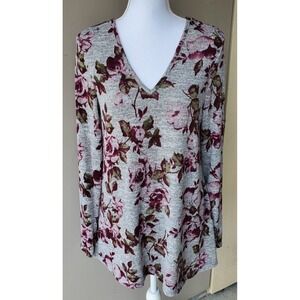 IZ Byer Sweater Womens Large Gray Green Pink Floral Cozy Lightweight Classic